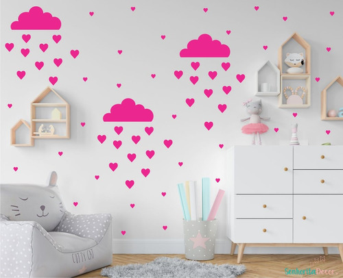 Adesivo De Parede Decoração Nuvens Corações Amor Pink