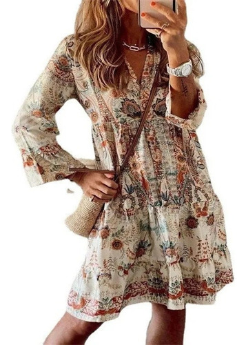 Vestido Boho Con Estampado De Manga 3/4 Con Volantes Y Cuell