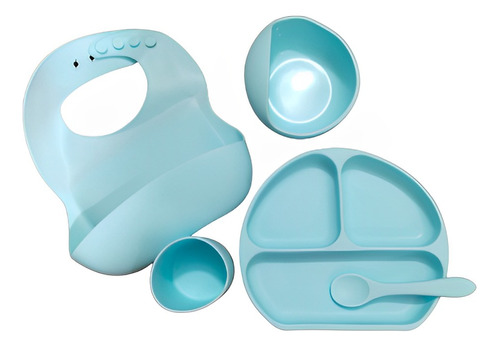 Set Vajilla Silicona Para Bebés Platos Babero Cubiertos Azul