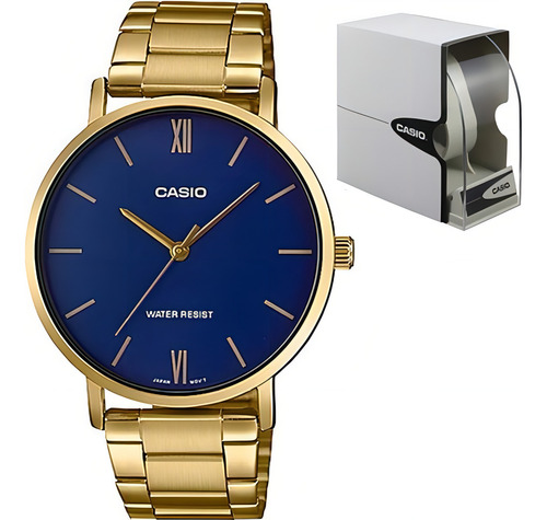 Reloj Casio Mtp Vt01g Acero Dorado Azul Cristal Mineral