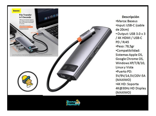Hub Adaptador Usb 3.0 Hdmi 4k Red Usb C Pd Zapatilla Baseus