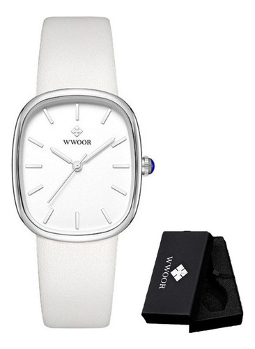 Reloj De Cuarzo Impermeable Cuadrado De Cuero Wwoor Color Del Bisel Blanco Plateado