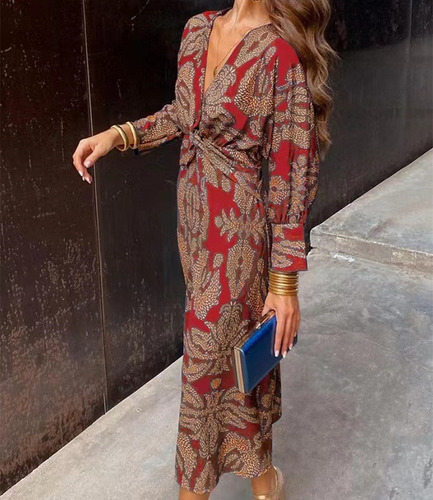Vestido Midi Com Estampa De Outono 2024wish Com Decote Em V