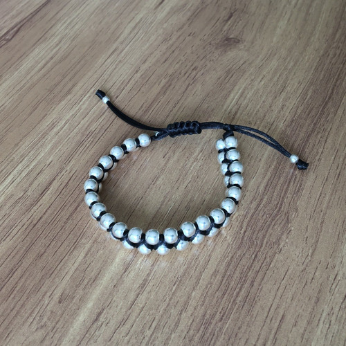 Imagen 4 de 10 de Pulsera Plata 925 Hombre Tejida Hilo Y Bolita De 6mm Agálea