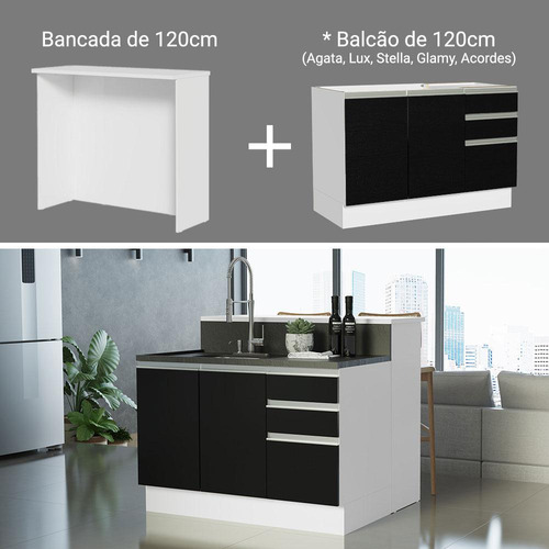 Isla de cocina con encimera y encimera, 120 cm, Glamy Madesa Bp, color blanco/negro
