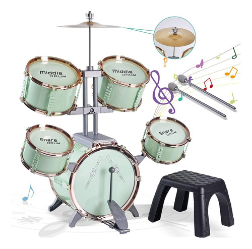 Batería Musical Niños Drum Juguetes Con Banco Baquetas 10pzs