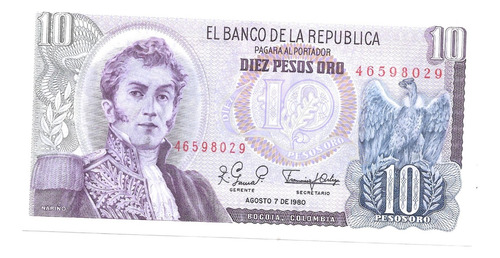 Liquido Billete De Colombia.  10 Pesos 1980 Unc