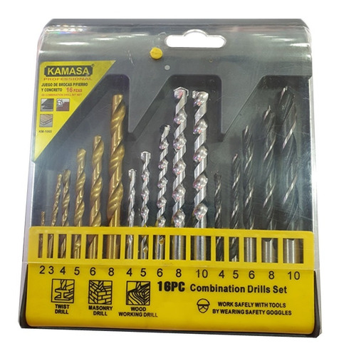  Juego De Brocas Para Madera Cemento Metal 16 Piezas Kamasa