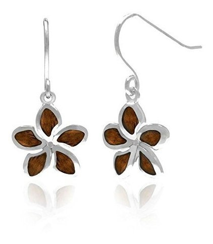 Sterling Silver Koa Wood Star Plumeria Dangle-hook Earrings