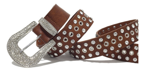 Imagem 3 de 3 de Cinto Country Western Feminino Marrom Fivela Prateada Strass