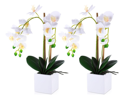 2 Piezas De Orquídeas Artificiales Blancas Con Jarrón De Orq