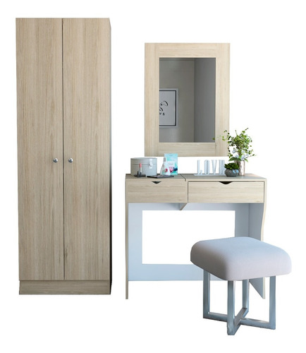 Mueble De Tocador + Espejo + Closet 2p - Rovere / Blanco
