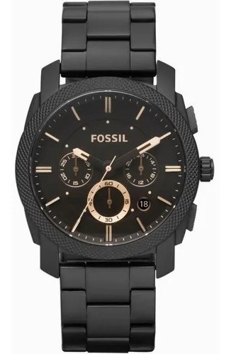Reloj pulsera Fossil FS4682 de cuerpo color dorado, para hombre, fondo negro, con correa de acero inoxidable color negro, bisel color negro y hebilla simple
