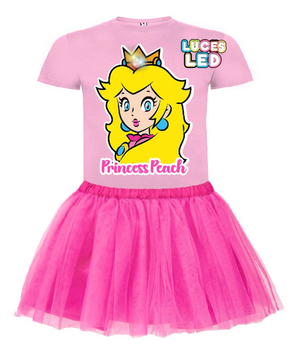 Disfraz Vestido Princesa Peach Polera + Tutú Niñas Con Luces Led 