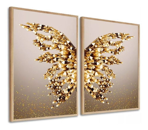 Quadro Decorativo Borboleta Dourada E Bege Sala Com Moldura