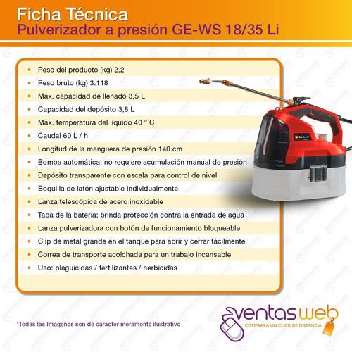 Imagen 6 de 7 de Fumigador Rociador Pulverizador Presion Inalambrico Einhell