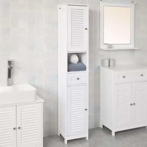 Haotian - Armario de almacenamiento de baño alto, blanco, con patas, con  estantes y cajones, armario de baño con gabinete de torre para ropa,  armario