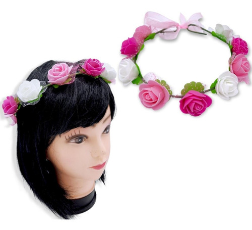 Diadema Corona Flores Tonos Rosa Con Blanco