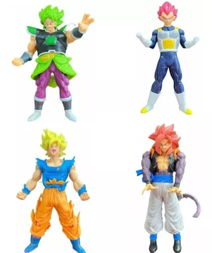 Kit 4 Bonecos com Base Action Figure Goku SSj Broly Vegetto Goku