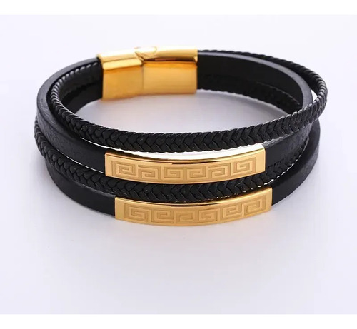 Pulsera Multicapas En Cuerina Negra Y Detalle En Dorado 21cm