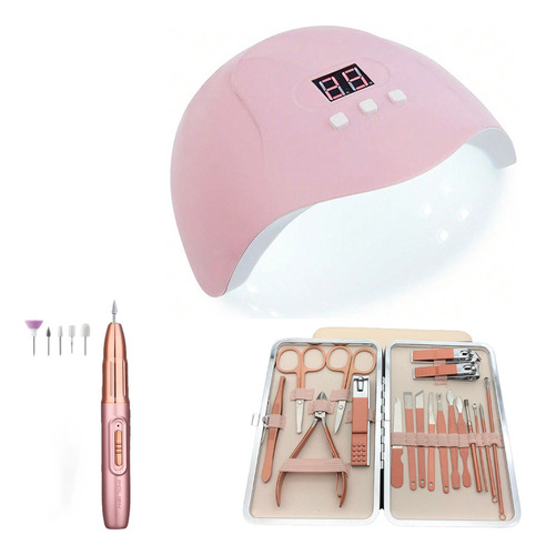 Lampara Uv Para Uñas + Pulidor Electrico Kit Cortauñas 18pzs Color Rosa