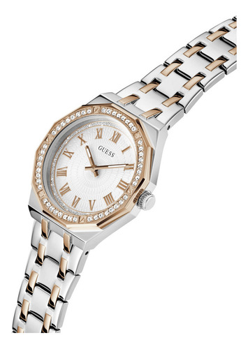 Reloj Mujer Guess Desire Oro Rosa. Correa Plateado Bisel Oro Rosa Fondo Plateado