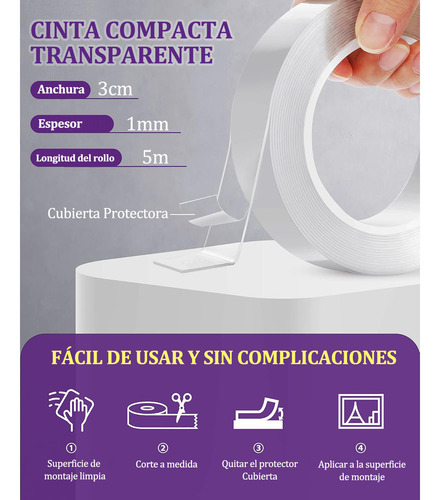 Cinta Nano Doble Cara Adhesiva Trasparente 5mts 3cm 1mm Lavable A Prueba De Agua