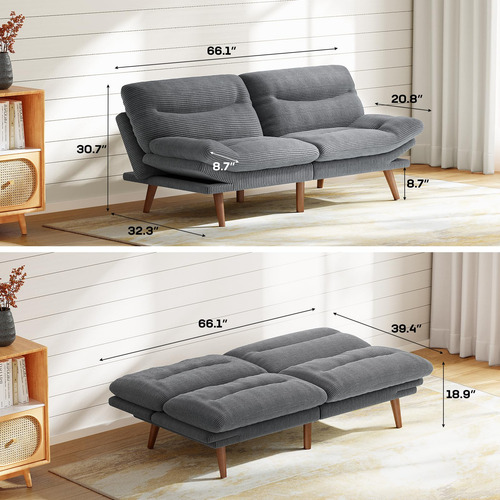 Sofá Cama Futón Ajustable Con Marco De Madera Gris