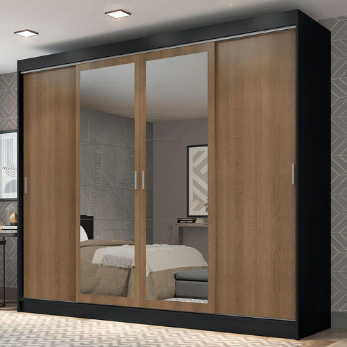Guarda-roupa Casal Madesa Austin 4 Portas C Espelhos 3 Gav P Cor Preto/Rustic