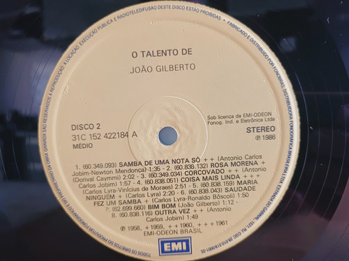 O Talento De João Gilberto (1986) Lp Vinil Duplo Gatefold (Usado)