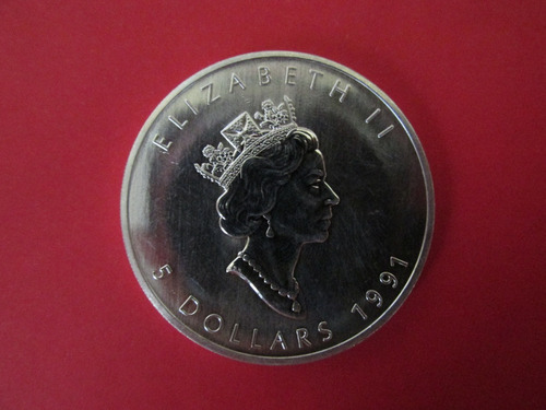 Moneda Canada Reina Isabel 5 Dolares Plata 1 Onza 1991 (Usado)