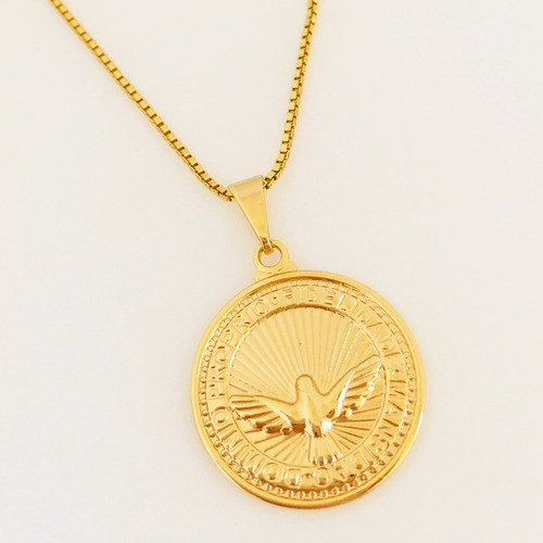 Colar Divino Espírito Santo Medalha Redonda Folheado A Ouro Cor Dourado