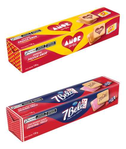 Kit 4 Biscoito Arcor Paçoca Amor + 4 Biscoito 7 Belo 130g