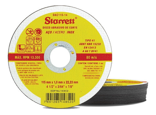 Disco de corte de metal de aço inoxidável 4,12 x 1,0 mm, pacote 12und Dac115-14, cor amarela