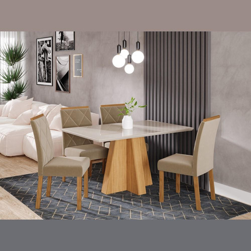Conjunto Mesa De Jantar 4 Cadeiras Mdf Cimol Branco Bege