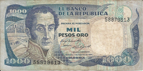Colombia 1000 Pesos  Oro 7 De Agosto  1984