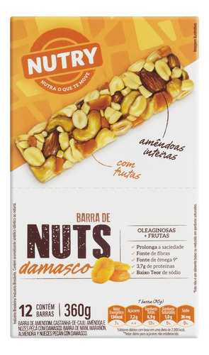 Barra de Nuts Damasco Nutry Caixa 360g 12 Unidades