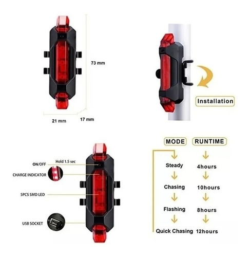 Imagen 6 de 9 de Luz Para Bicicleta Led Recargable Usb Delantera Trasera 15lm