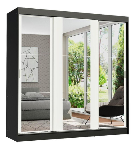 Armario doble con espejo corredizo Madesa Reno de 3 puertas, color Pb, negro y blanco