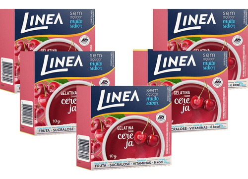 Linea Kit 5 Gelatina Em Pó Sem Açúcar Sabor Cereja 10g 