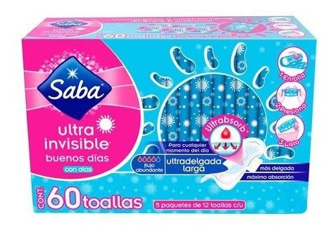 Toallas Femeninas Saba Ultra Invisible Con Alas 60 Pzas