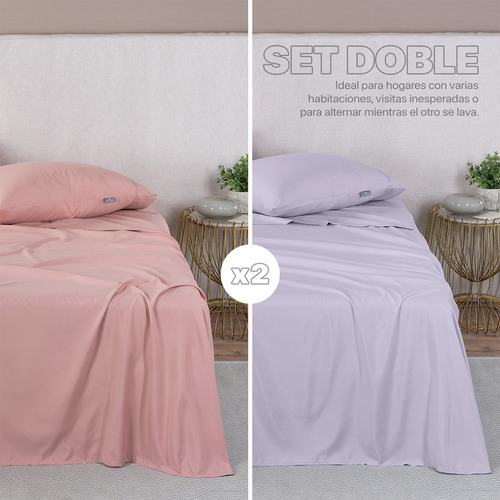 Paquete 2 Juegos Sábanas Individual Microfibra Real Textil Rosa Y Violeta Liso