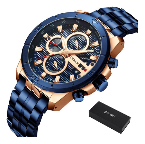 Relógio de pulso masculino Curren M8337 analógico de corpo preto com pulseira expansível de aço inoxidável azul