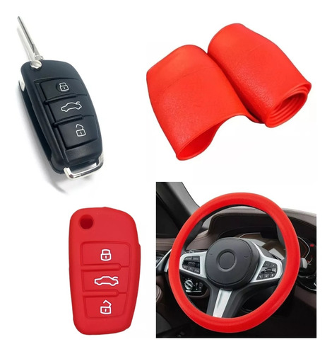 Cubre Volante + Funda Llave Silicona - Audi 3 Botones - Rojo