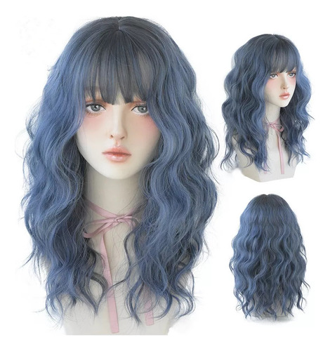 De Peluca Azul Ondulado Con Flequillo Para Mujer, Cabello