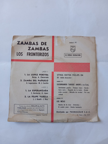 Vinilo Single De Los Fronterizos Zambas De Zambas ( F14 (Usado)
