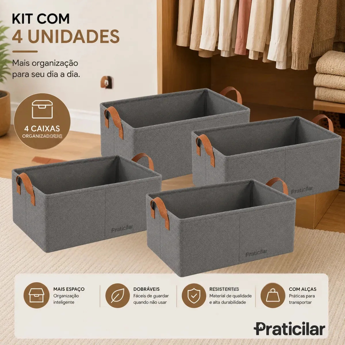 Kit com 4 Caixas Organizadoras Roupas Íntimas Multiuso Guarda Roupa Camisetas Calças Meia