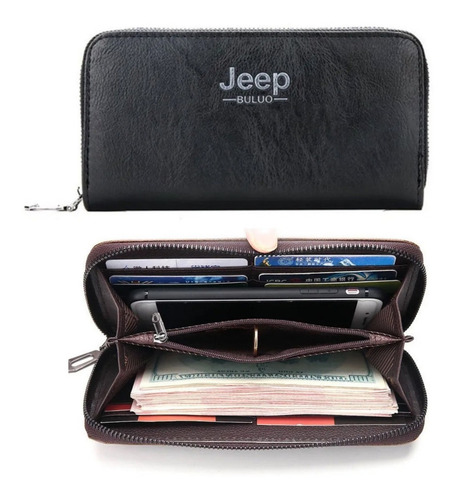 Carteira Jeep Couro Grande Preta Celular Ziper Alça Cor Preto Desenho Do Tecido Liso