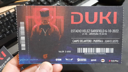 Reimpresión Entradas Físicas Duki En Velez 06/10/22 Souvenir
