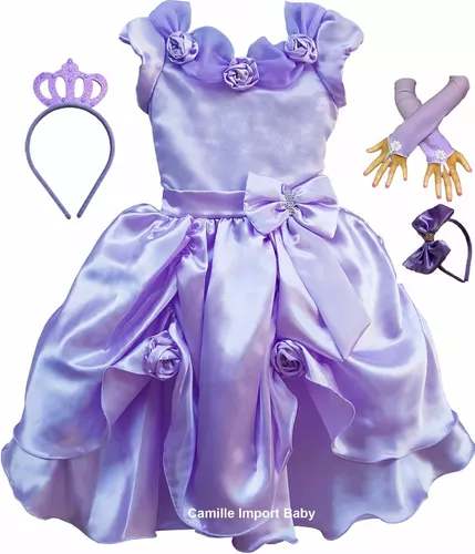 Vestido Infantil Princesa Sofia com Saiote e Luvinha Luxo - Lilás